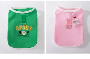 Breathable mesh pet vest detail, soft fabric with metal D-ring for small dogs and cats spring wear.