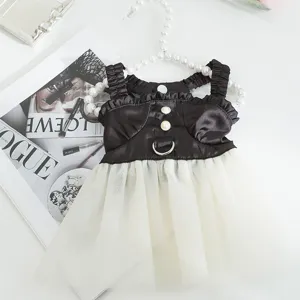 Vestido de verano para mascotas con tirantes de perlas satén negro tul blanco lindo cachorro gato ropa