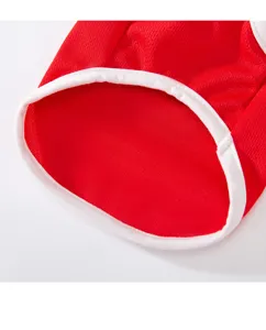 Close-up detail of red pet mesh vest, breathable fabric and white trim for small dogs and cats.