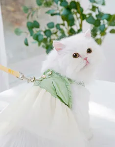 Detalle de cerca del bonito vestido de verano para mascotas con tirantes verdes y tul.