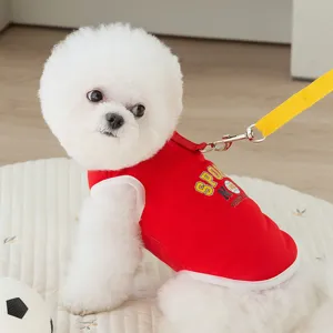 Breathable red pet vest with leash for small dogs, cute sports style summer dog clothes.