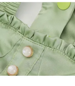 Detalle de vestido para mascota verde claro, volantes lindos y botones perla, verano perro de cerca