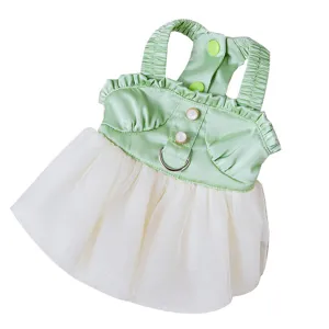 Vestido de verano bonito para mascota con parte superior de satén verde y tul blanco, anillo.