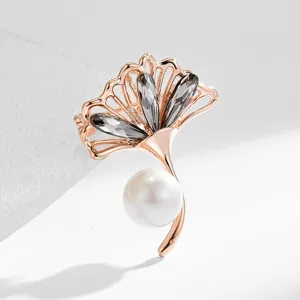 Elegant ginkgo leaf brooch pin with pearl crystal rose gold finish for women coat accessories