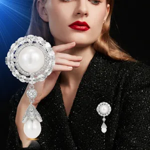 Elegant freshwater pearl zirconia brooch, vintage palace style luxury corsage pin for women.