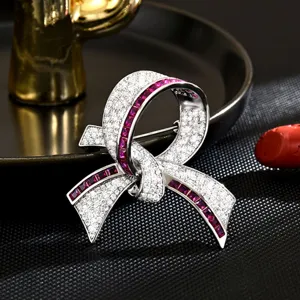 European Elegant Ribbon Brooch Copper Inlaid Zircon Rhinestone Pink Crystal Fashion Suit Coat Pin Women Jewelry Gift