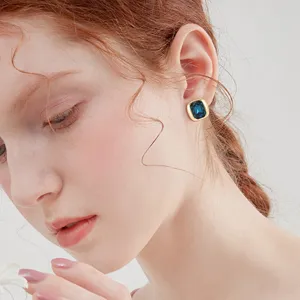Pendientes de tuerca de cristal azul cuadrado elegante para mujer joyas geometricas de moda