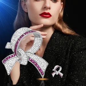 Elegant ribbon brooch for women, luxury crystal corsage pin for coat, fashionable accessories.