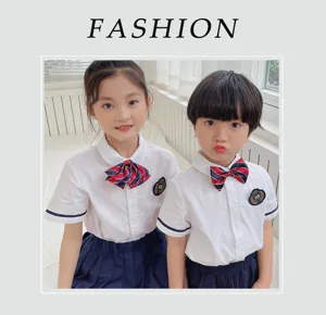 Kids school uniform short sleeve shirt and pleated skirt set with striped bow tie for children.