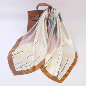 Elegant 90cm satin square scarf with botanical print, smooth silky feel for women daily wear.