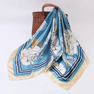 Women Fashion Satin Square Scarf Vintage Rose Floral Chain Print Lightweight Neck Scarf For Daily Wear