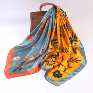 Women Satin Square Scarf Floral Printed Fashion Neck Scarf Versatile Silk-Feel Shawl For Daily Commute