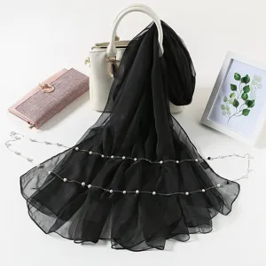 Elegant black chiffon silk scarf with pearl chain, perfect for summer sun protection.
