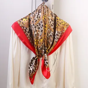 Elegant leopard print square silk scarf with red border and chain design, 90cm fashion shawl.