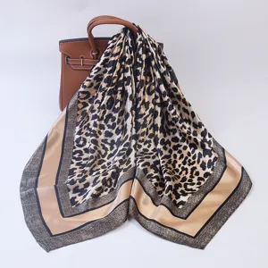 Women Fashion Satin Square Scarf Leopard Print Chain Style Neck Scarf Elegant Headwear Hair Scarf Shawl Wrap
