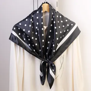 Black white polka dot satin square silk scarf 90cm, elegant fashion accessory for women.