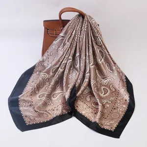 Elegant 90x90cm silk feel square scarf with classic paisley print for women fashion.
