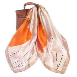 90cm silk satin scarf luxury square headscarf elegant ginkgo leaf print fashion women neck wrap