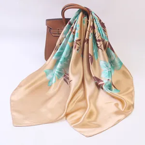 Silk square scarf floral print elegant satin neckerchief vintage shawl for women