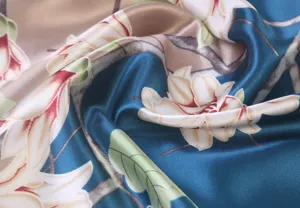 Luxury silk satin square scarf with elegant floral print, smooth texture for women.
