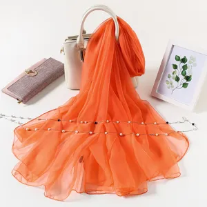 Solid color ice silk large scarf for women, lightweight summer sun protection chiffon wrap.