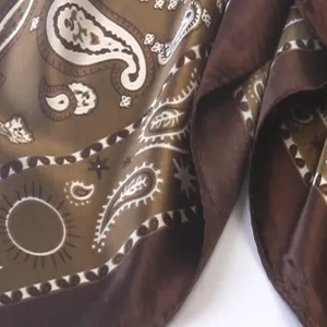 Brown paisley print imitation silk square scarf, elegant neckwear accessory for women.