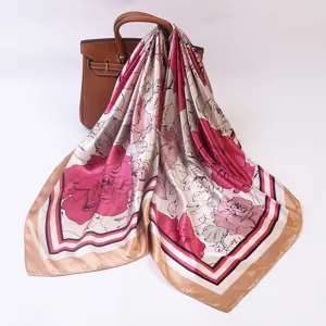 Women 90x90cm imitation silk square scarf elegant rose floral print fashion ladies neckerchief