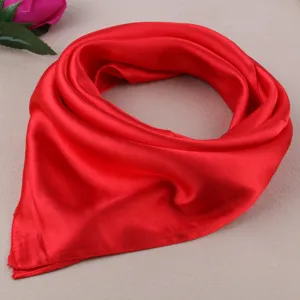 Elegant bright red satin square scarf for women, soft silk feel neckerchief main view.