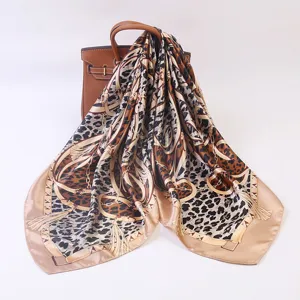 Leopard print silk square scarf, 90cm versatile fashion headscarf and elegant shawl.