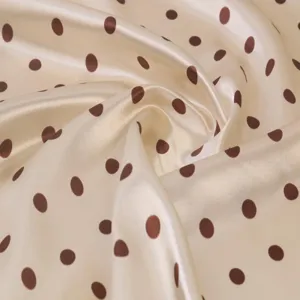 Cream beige silk satin square scarf featuring classic brown polka dots design detail.