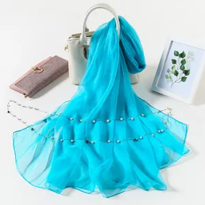 Vibrant turquoise ice silk chiffon scarf detail, lightweight breathable summer sun protection wrap.