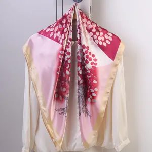 Hangzhou silk 90x90cm large square scarf with artistic tree leaf print and elegant satin finish.