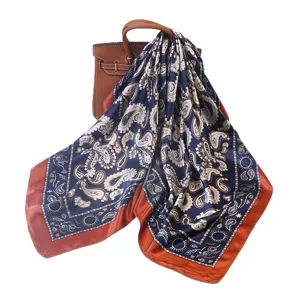 Blue paisley square scarf, 90x90cm silk-feel fashion headscarf and elegant shawl.