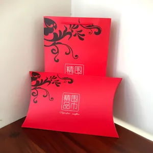 Red gift box set for scarf packaging, paper bag and pillow box with elegant floral design