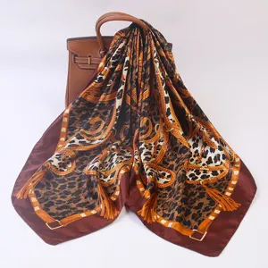 Leopard print square scarf versatile silk neckerchief 90cm fashionable shawl for women