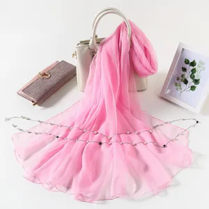 Pink chiffon scarf for women, lightweight summer sunscreen shawl with elegant pearl chain.