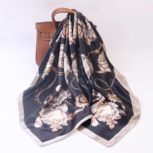 Black silk square scarf 90x90cm with elegant rose and chain print for women fashion.
