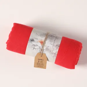 Red cotton linen scarf, vintage lotus paper band, cozy winter long shawl for women.