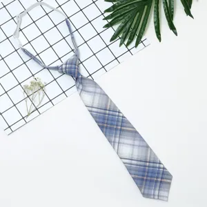 Japanese style JK blue plaid pre-tied short tie fashion accessory for women and girls.