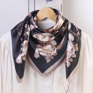 Elegant black floral silk square scarf, 90x90cm vintage chain print fashion accessory.