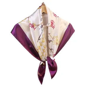 Women floral satin square scarf elegant purple and cream neckerchief sun protection wrap