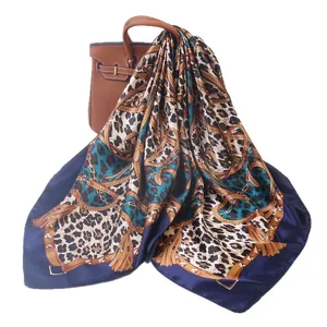 Leopard print silk square scarf 90cm versatile fashion shawl elegant neckerchief for women.