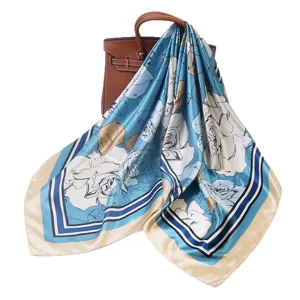 Luxury 90x90cm imitation silk square scarf for women, elegant blue rose floral print design.