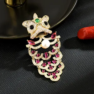 Chinese Style Lion Dance Brooch For Women Copper Zirconia Inlaid Pin High End Freshwater Pearl Tassel Brooch Luxury Jewelry Accessories
