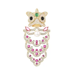 Chinese traditional lion dance brooch, gold plated rhinestone and pearl tassel corsage pin.