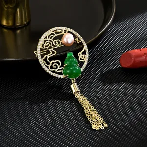 Spilla a Zucca Stile Cinese Lusso Lega Strass Perla Artificiale Verde Giada Look Abito Spilla Gioielli Regalo