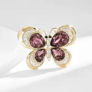 Crystal butterfly brooch for women, elegant gold-plated animal pin with purple crystal stones.