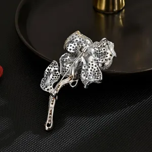 Elegant flower brooch with sparkling zircon crystals, back view display for women fashion accessories