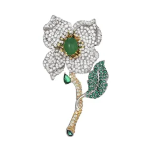 Elegant green flower brooch sparkling zirconia crystal chic spring fashion accessory pin
