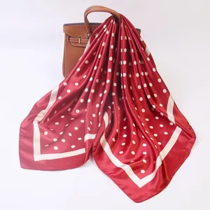 90cm Wine Red Polka Dot Silk Satin Scarf Large Square Neck Scarf Summer Sun Protection